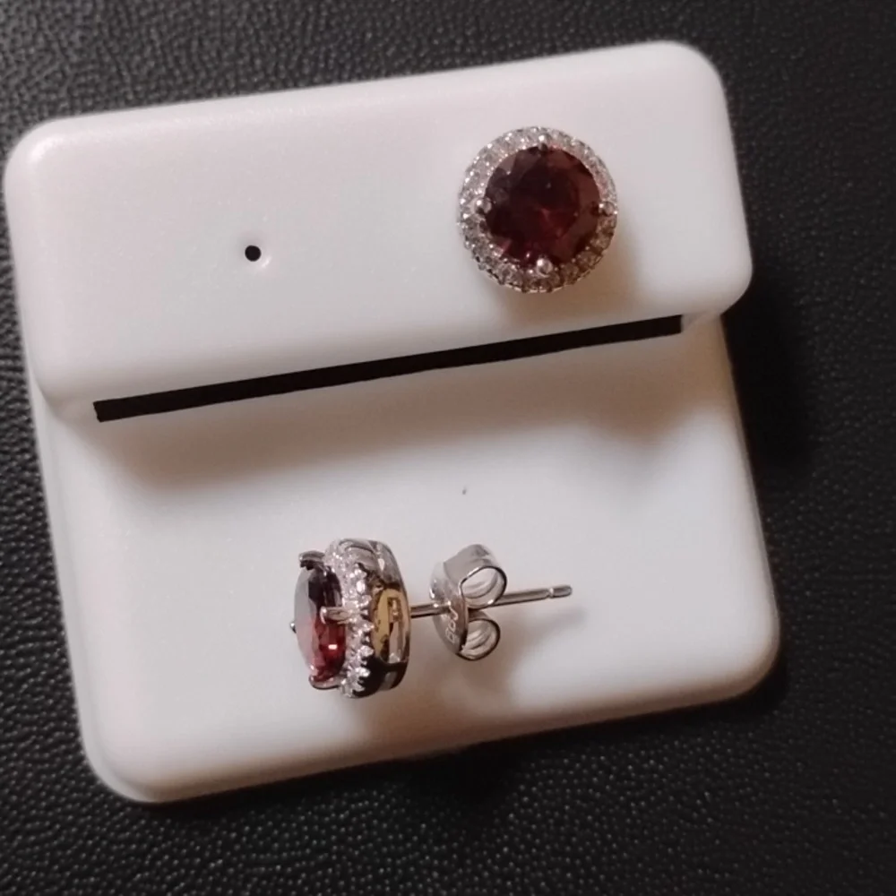 Halo Ruby Red Stud Earrings With Clear Accent Stones